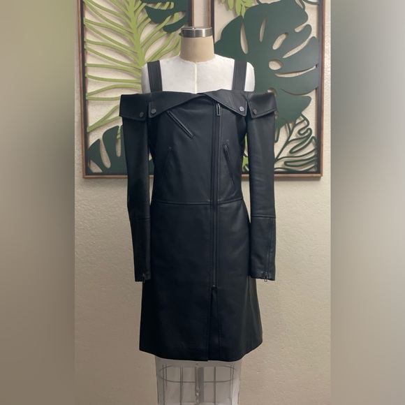Bcbgmaxazria Alta Off Shoulder Faux Vegan Leather Moto Dress